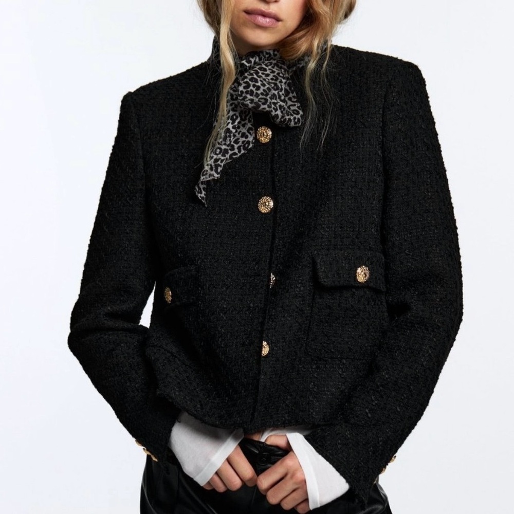 Zara Black Bouclé Blazer with Gold Buttons